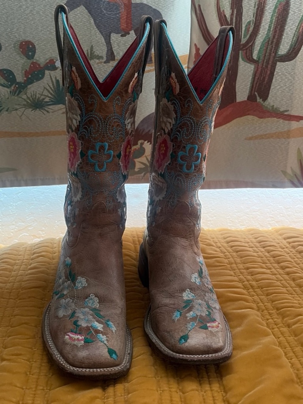 Macie Bean Brown Embroidered Floral Western Ankle Boots with Turquoise Accents